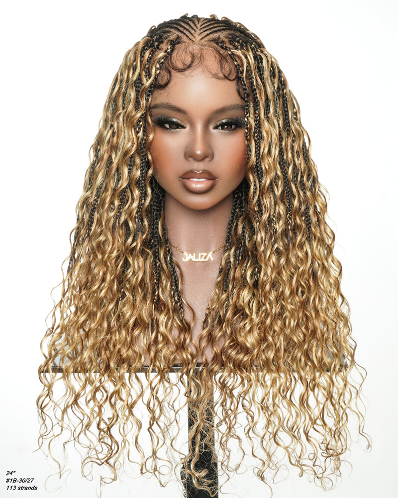 Avery Fulani Cheveux Humains Perruque Sans Colle Lace Suisse HD Tressée en Cornrows Devant Tresses Boîte Bohème Ondulées 60 cm