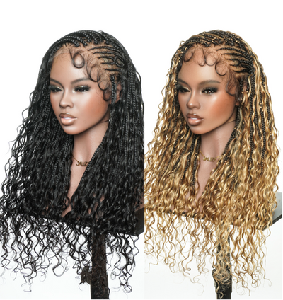 Avery Fulani Cheveux Humains Perruque Sans Colle Lace Suisse HD Tressée en Cornrows Devant Tresses Boîte Bohème Ondulées 60 cm