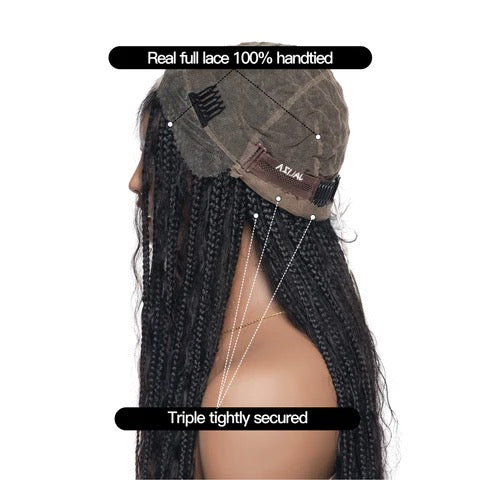 Perruque tressée boîte bohème sans nœuds, cheveux humains ondulés humides, boucles bohèmes, dentelle HD, sans enchevêtrement, très haute densité, 36"