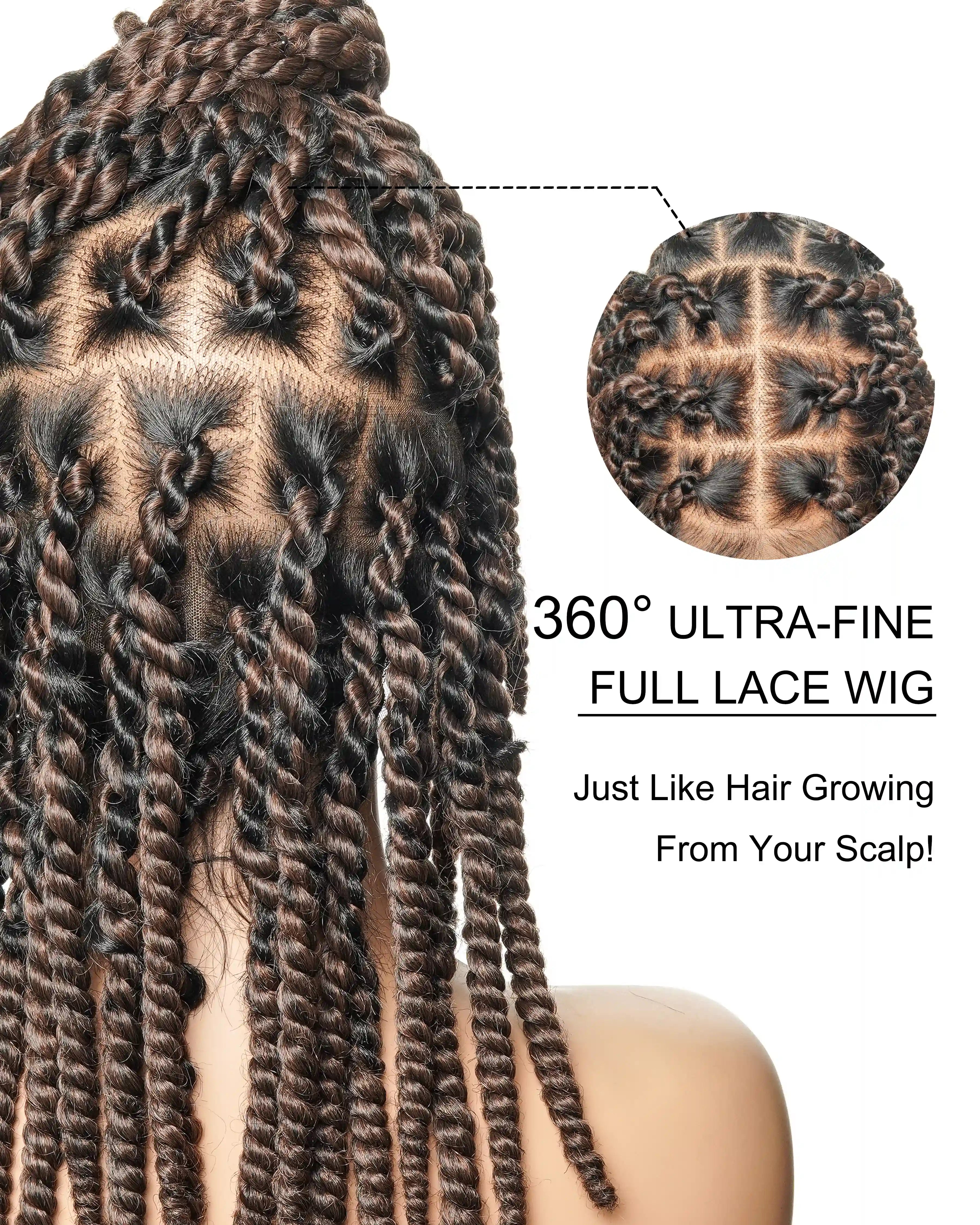 Perruque tressée de 14 pouces, jumbo twist souple pré-décoloré, base en dentelle, HD entièrement en dentelle, cheveux humains