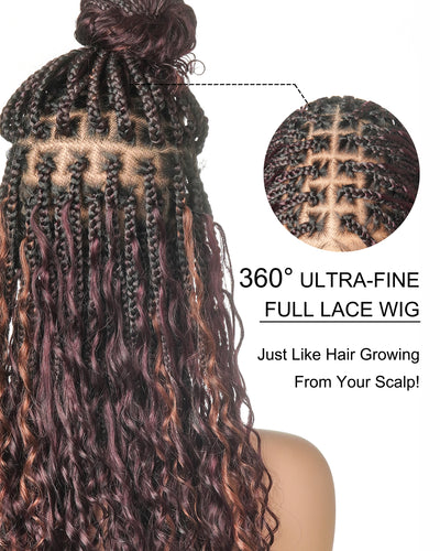 Perruque Boho tressée avec des boucles Boho en cheveux humains Full Lace HD, pré-décolorés, bordeaux foncé 99J, 100 mèches