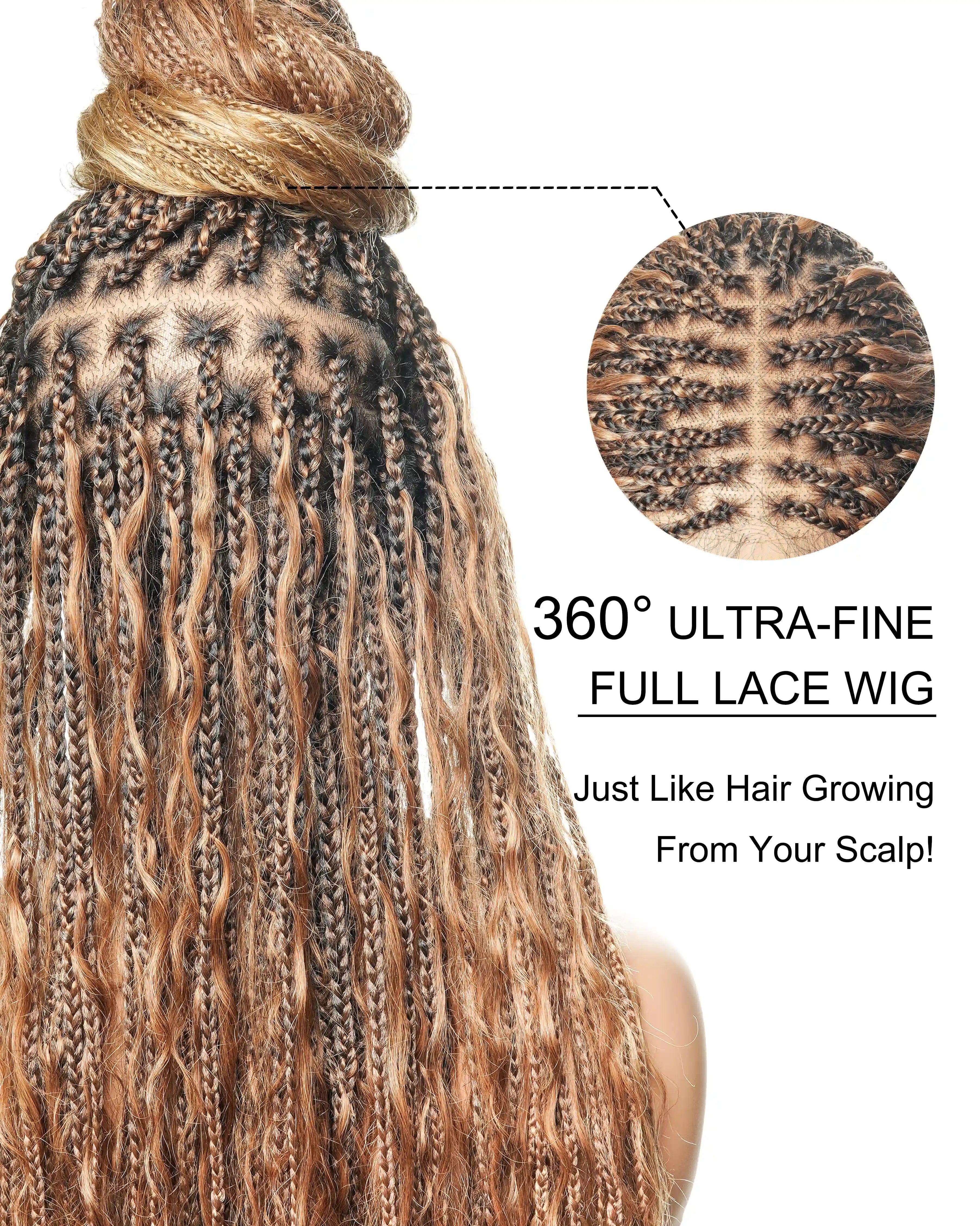 Perruque tressée de style Boho sans nœuds, haute densité, 121 mèches, couleur mélangée #30/27, dentelle HD pré-décolorée, 36 pouces