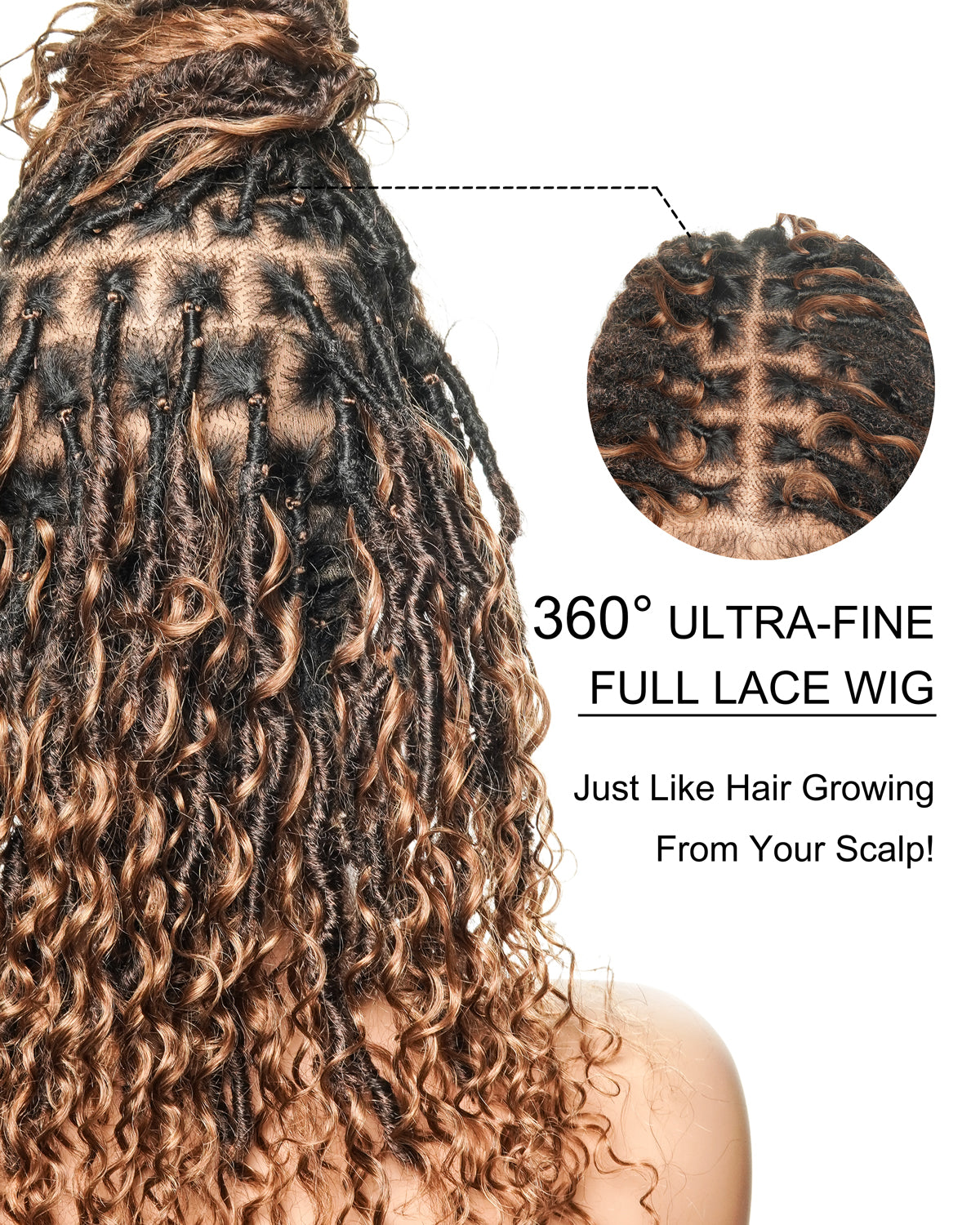 Lola - Perruque Boho Locs suisse HD pré-blanchie de 16 po avec boucles Boho en cheveux naturels