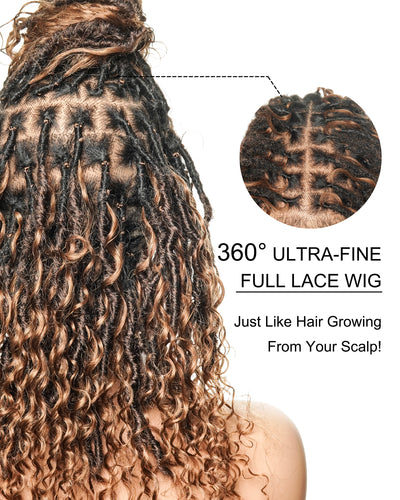 Lola - Perruque Boho Locs suisse HD pré-blanchie de 16 po avec boucles Boho en cheveux naturels
