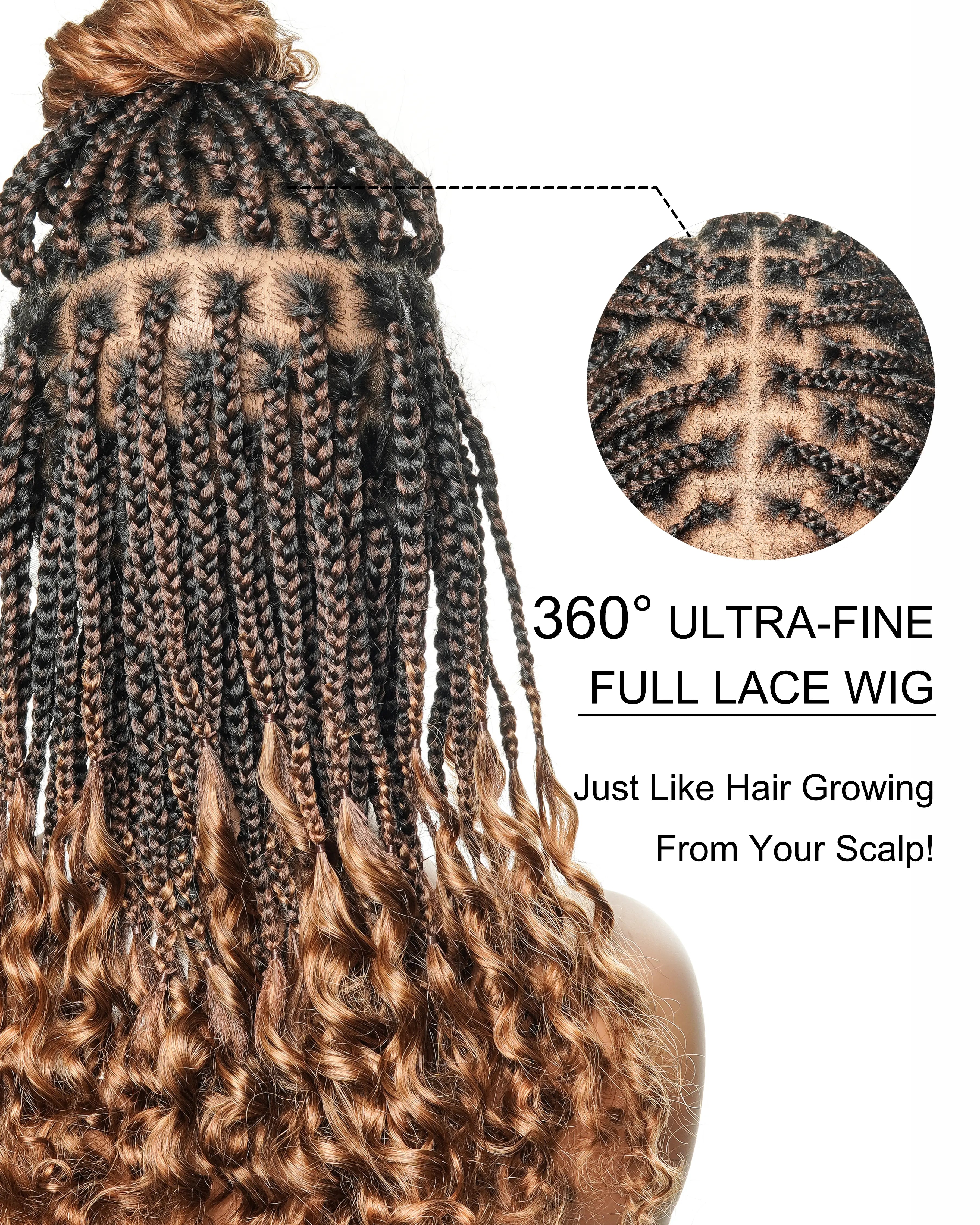 Nina - Perruque tressée sans colle, petite tête, bouts bouclés (bonnet petite taille pour petite tête)