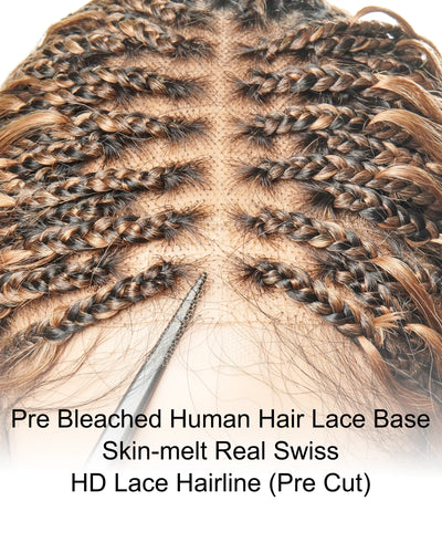 Perruque tressée de style Boho sans nœuds, haute densité, 121 mèches, couleur mélangée #30/27, dentelle HD pré-décolorée, 36 pouces
