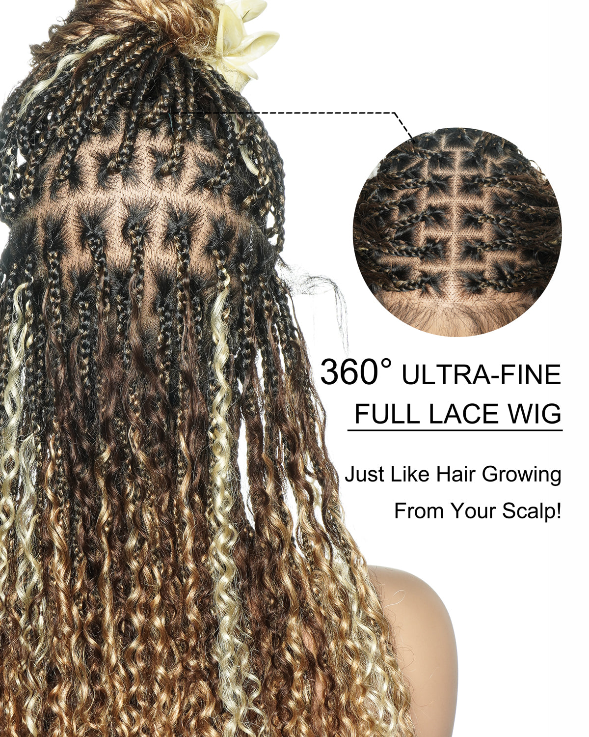 Solana - Cheveux Humains Pré-décolorés Dentelle Suisse HD Mélange Full Lace Couleur 1B 4 30 27 613 Perruque Tressée Boho Style Boho Box en Cheveux Humains