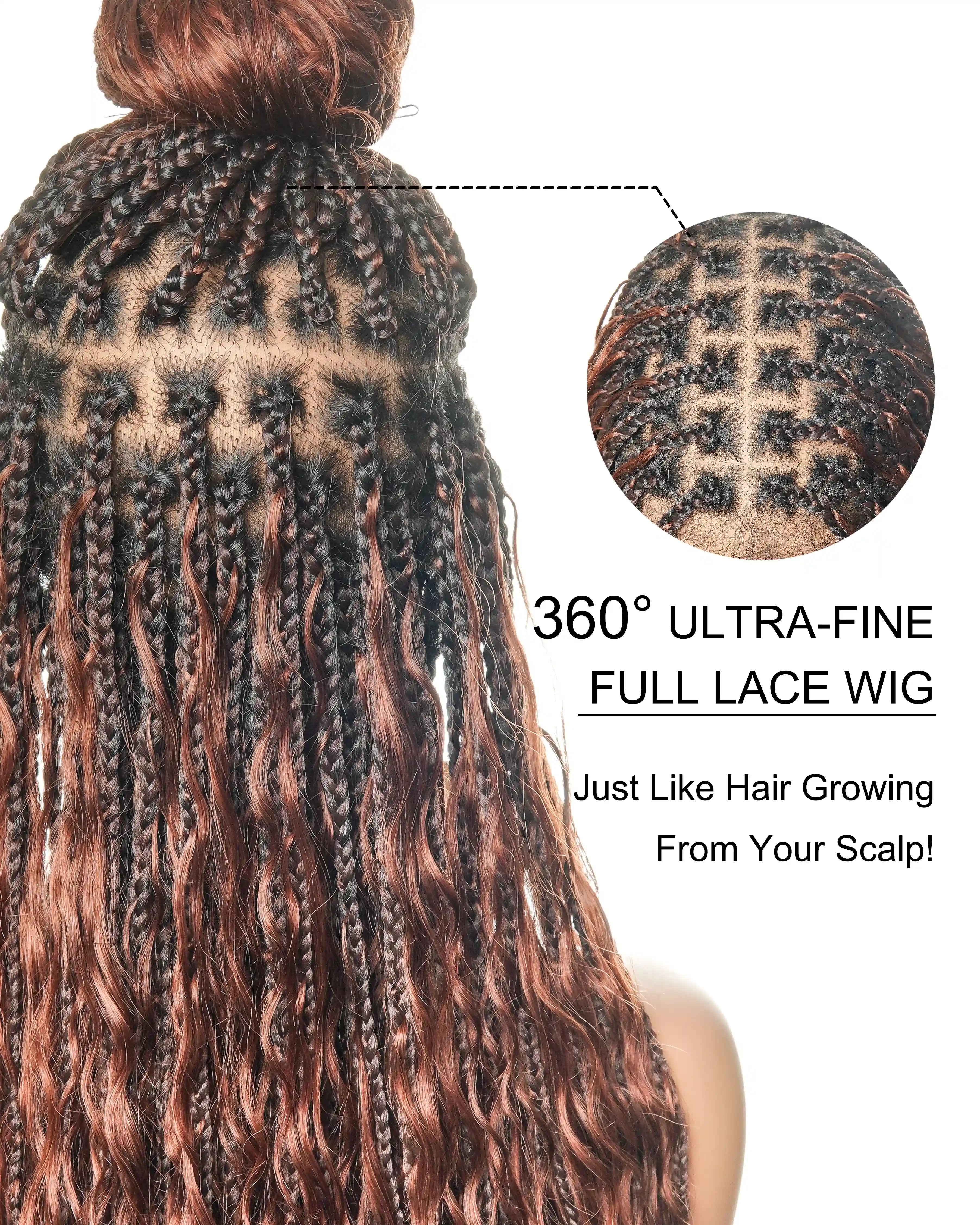 Perruque Ultra Complète 28" Cheveux Humains Châtain Acajou Foncé #33 Tresses Boîtes Bohème Sans Nœuds HD Lace Entière