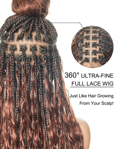 Perruque Ultra Complète 28" Cheveux Humains Châtain Acajou Foncé #33 Tresses Boîtes Bohème Sans Nœuds HD Lace Entière