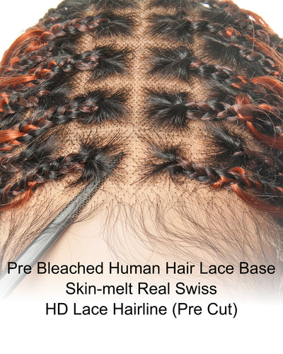 Perruque tressée boîte bohème 100 mèches avec base en dentelle complète suisse HD pré-blanchie, boucles bohèmes ondulées, couleur gingembre, cheveux humains