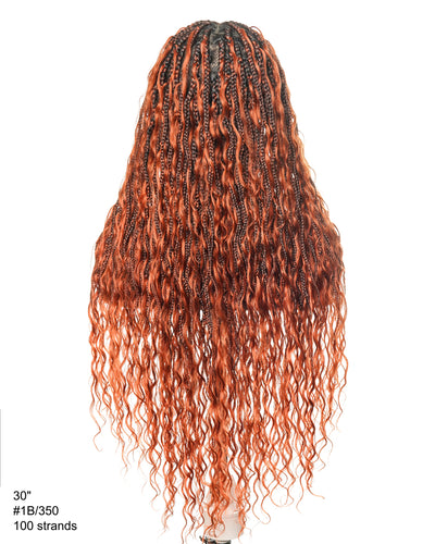 Perruque tressée boîte bohème 100 mèches avec base en dentelle complète suisse HD pré-blanchie, boucles bohèmes ondulées, couleur gingembre, cheveux humains