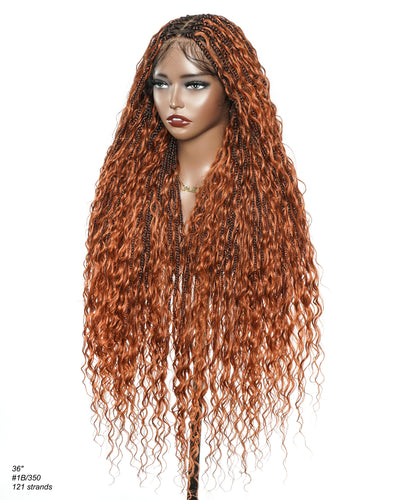 Perruque tressée boîte bohème 100 mèches avec base en dentelle complète suisse HD pré-blanchie, boucles bohèmes ondulées, couleur gingembre, cheveux humains