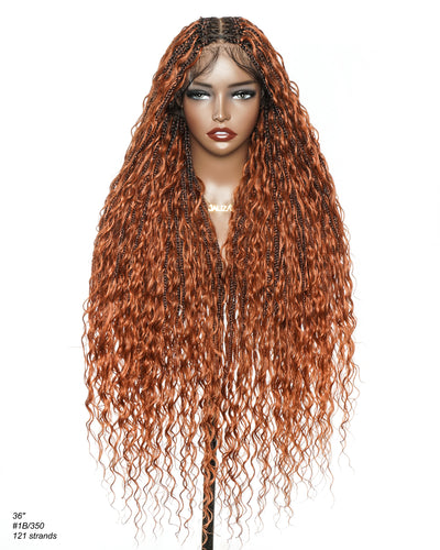 Perruque tressée boîte bohème 100 mèches avec base en dentelle complète suisse HD pré-blanchie, boucles bohèmes ondulées, couleur gingembre, cheveux humains