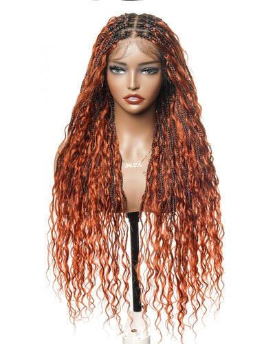 Perruque tressée boîte bohème 100 mèches avec base en dentelle complète suisse HD pré-blanchie, boucles bohèmes ondulées, couleur gingembre, cheveux humains