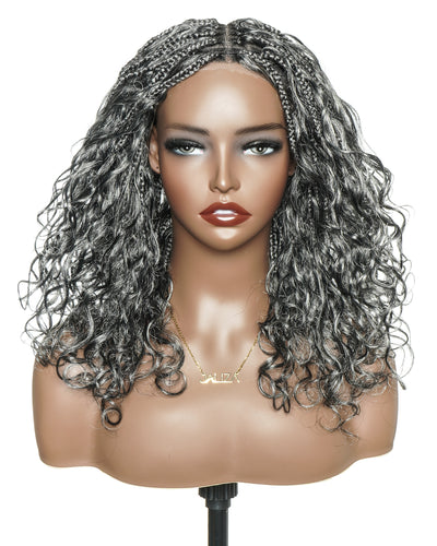 Coco - Perruque tressée de type "boho box braid" sans colle, poivre et sel
