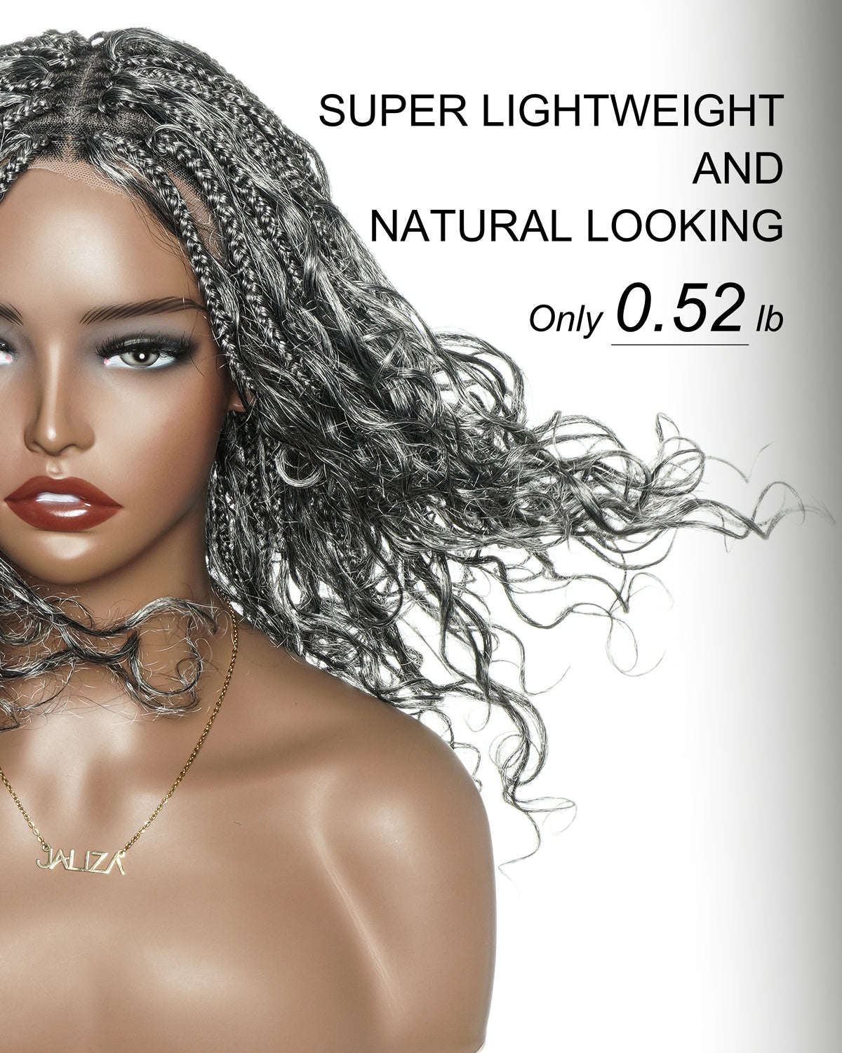 Coco - Perruque tressée de type "boho box braid" sans colle, poivre et sel