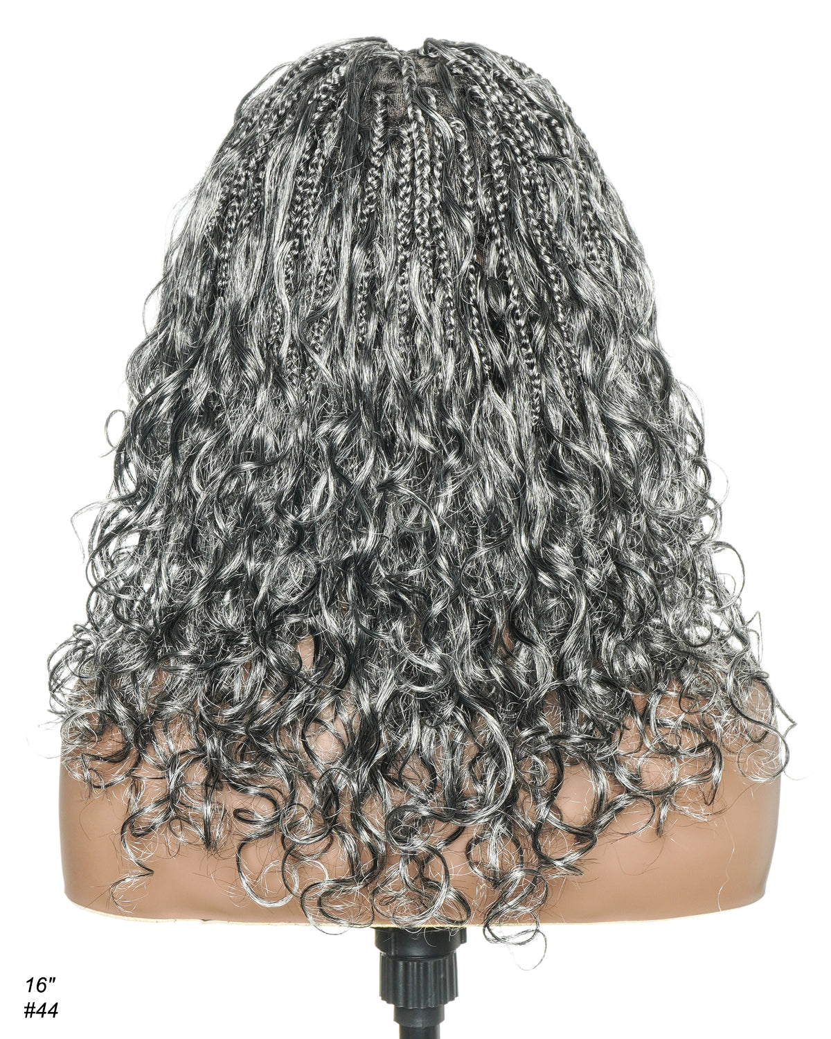 Coco - Perruque tressée de type "boho box braid" sans colle, poivre et sel