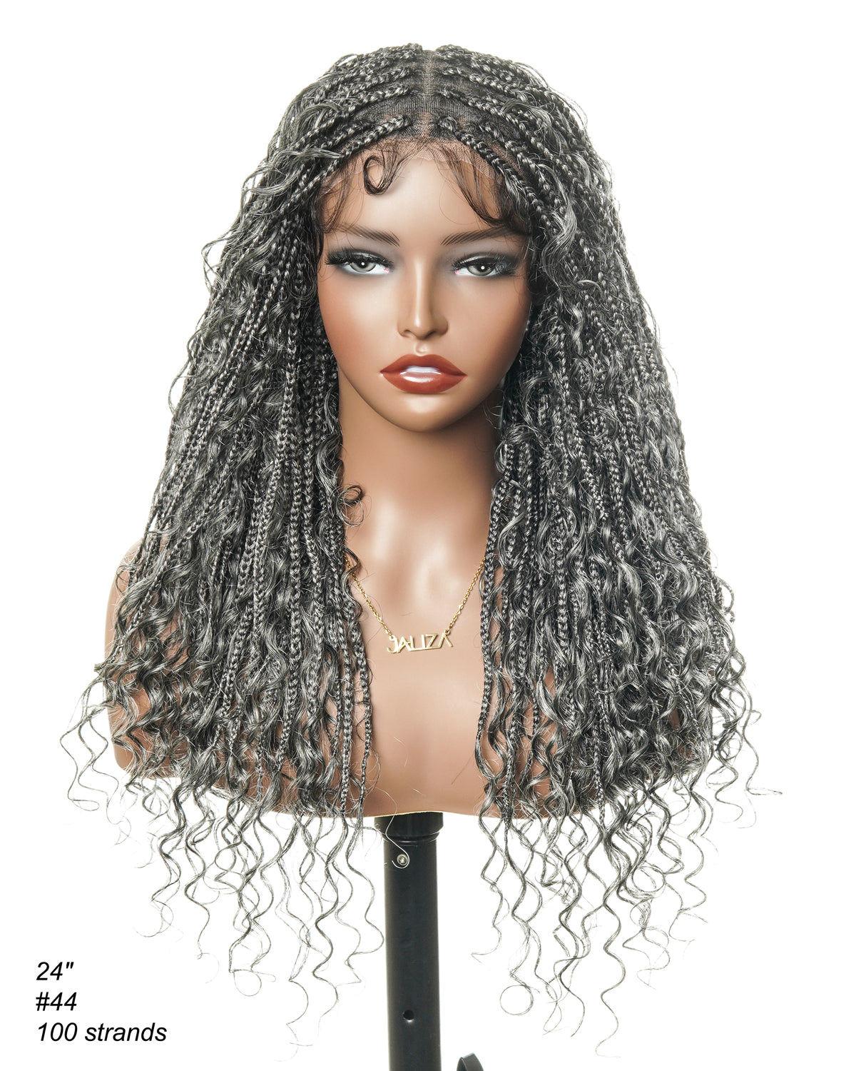 Coco - Perruque tressée de type "boho box braid" sans colle, poivre et sel