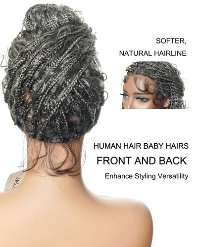 Coco - Perruque tressée de type "boho box braid" sans colle, poivre et sel