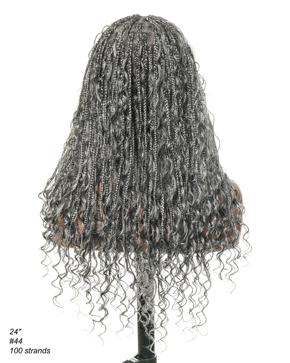 Coco - Perruque tressée de type "boho box braid" sans colle, poivre et sel