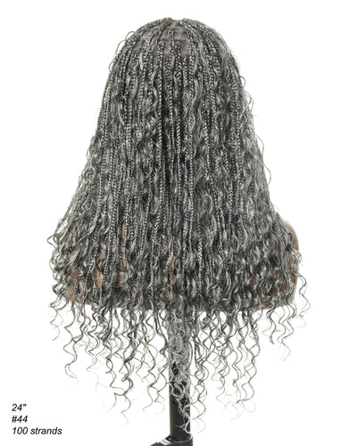 Coco - Perruque tressée de type "boho box braid" sans colle, poivre et sel