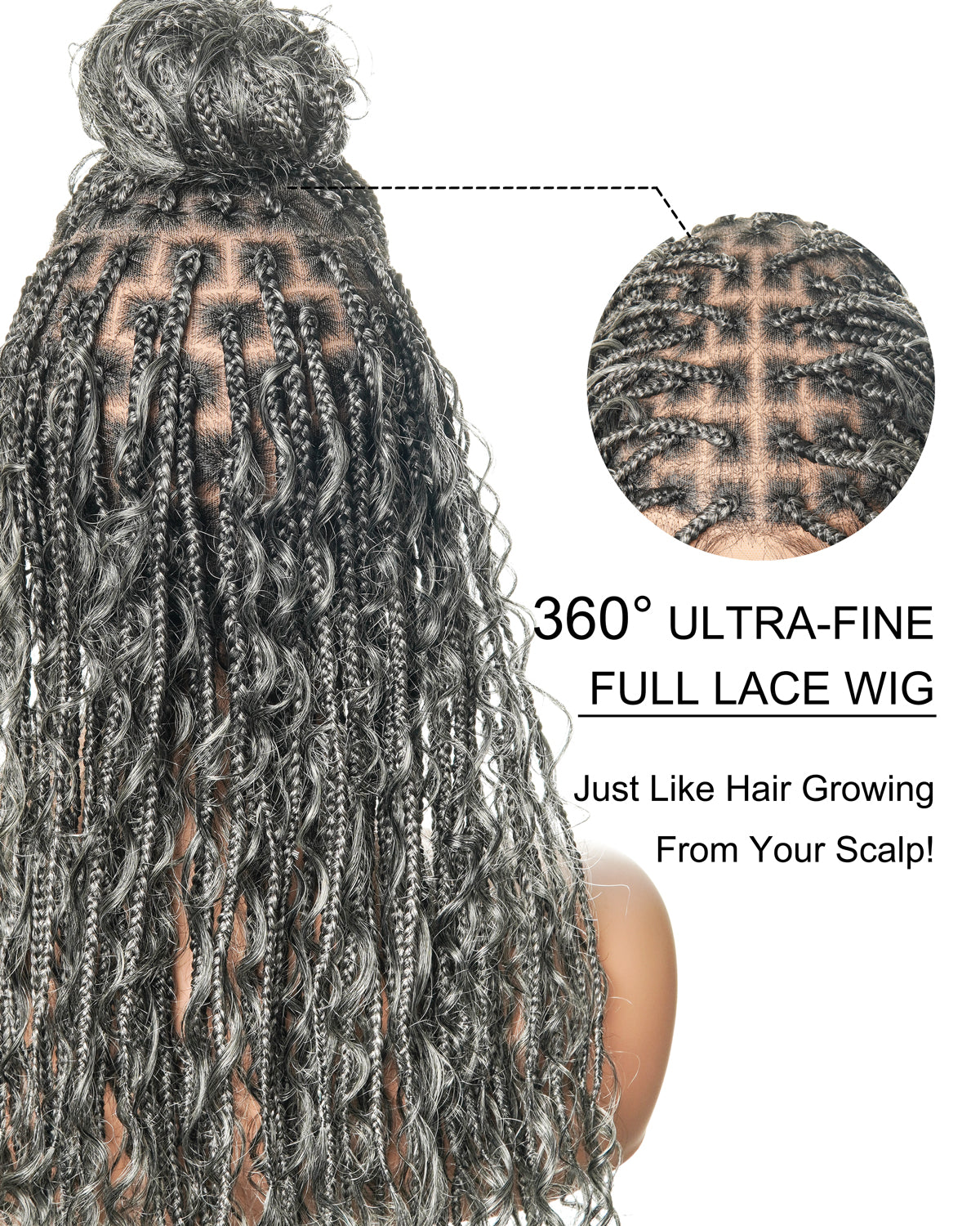 Coco - Perruque tressée de type "boho box braid" sans colle, poivre et sel