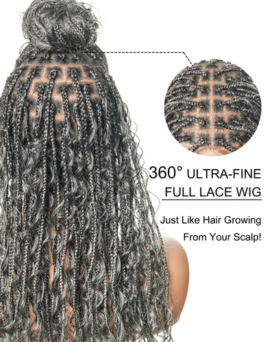 Coco - Perruque tressée de type "boho box braid" sans colle, poivre et sel