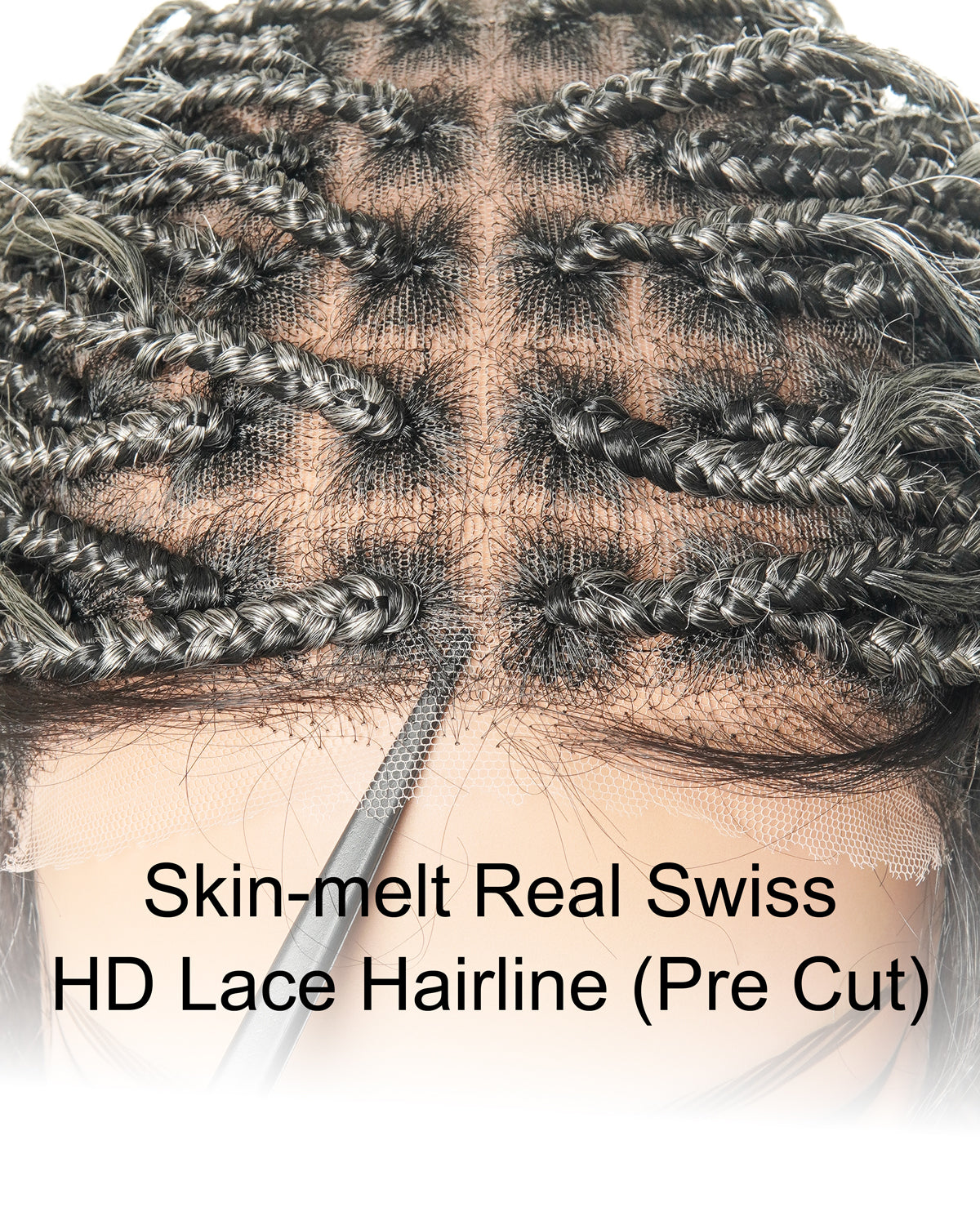 Coco - Perruque tressée de type "boho box braid" sans colle, poivre et sel