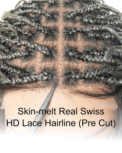 Coco - Perruque tressée de type "boho box braid" sans colle, poivre et sel