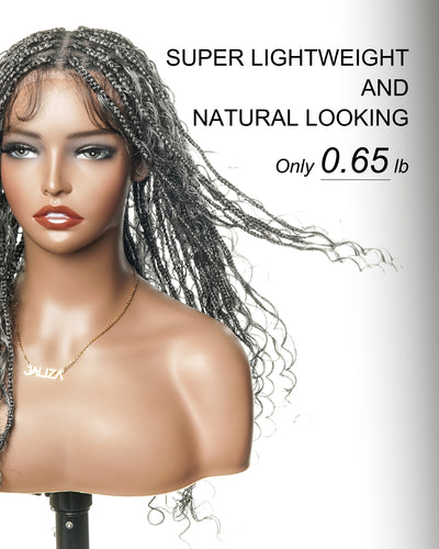 Coco - Perruque tressée de type "boho box braid" sans colle, poivre et sel