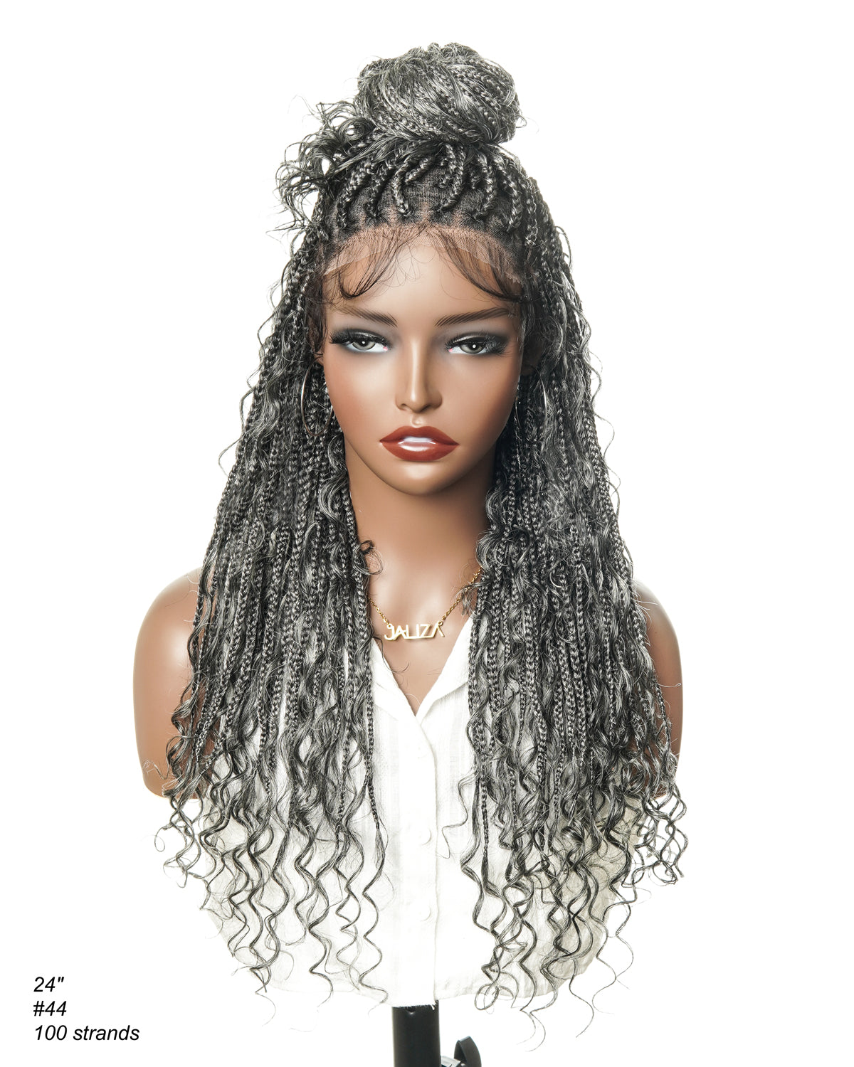 Coco - Perruque tressée de type "boho box braid" sans colle, poivre et sel