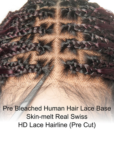 Perruque Boho tressée avec des boucles Boho en cheveux humains Full Lace HD, pré-décolorés, bordeaux foncé 99J, 100 mèches