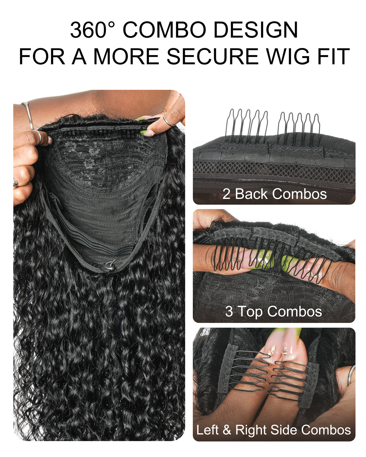 Perruque semi-complète tout-en-un 100 % cheveux humains 180 % de densité boucles profondes