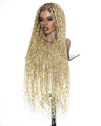 Perruque tressée de style Boho avec tresses (avec mèches bouclées Boho en cheveux naturels et cordon de serrage) en dentelle complète suisse HD, décolorée 27/613, haute densité et sans colle