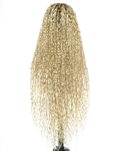 Perruque tressée de style Boho avec tresses (avec mèches bouclées Boho en cheveux naturels et cordon de serrage) en dentelle complète suisse HD, décolorée 27/613, haute densité et sans colle