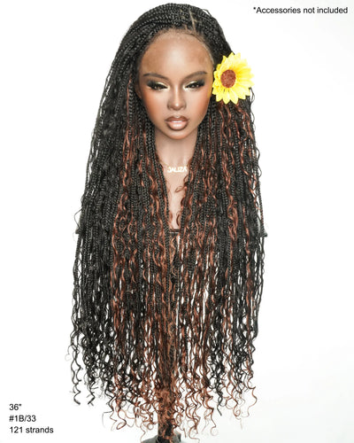 36" Human Hair Boho Box Braided Wig - 1B/#33 Full Lace HD Pre-Bleached Wig