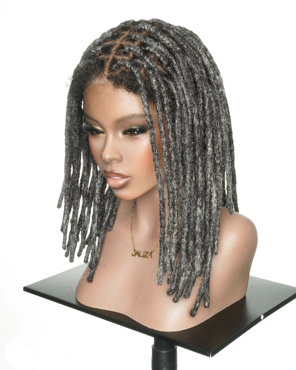 JALIZA 12 inch Salt & Pepper Dreadlock Pre Bleached HD Full Lace Human Hair Wig (Mannequin - Front View)
