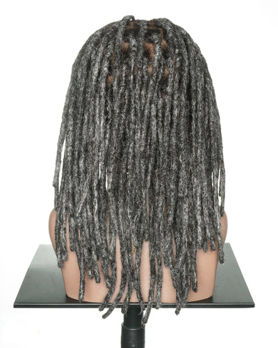 JALIZA 12 inch Salt & Pepper Dreadlocks Pre Bleached HD Lace Human Hair Wig (Mannequin - Back View)