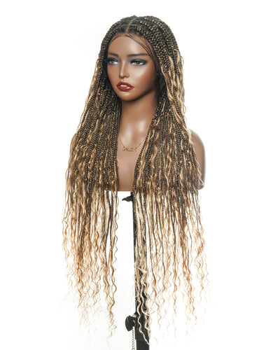 Perruque tressée boîte bohème sans nœuds, 100 % cheveux humains, boucles bohèmes, avec dentelle transparente intégrale et nouée à la main