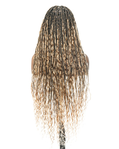 Perruque tressée boîte bohème sans nœuds, 100 % cheveux humains, boucles bohèmes, avec dentelle transparente intégrale et nouée à la main