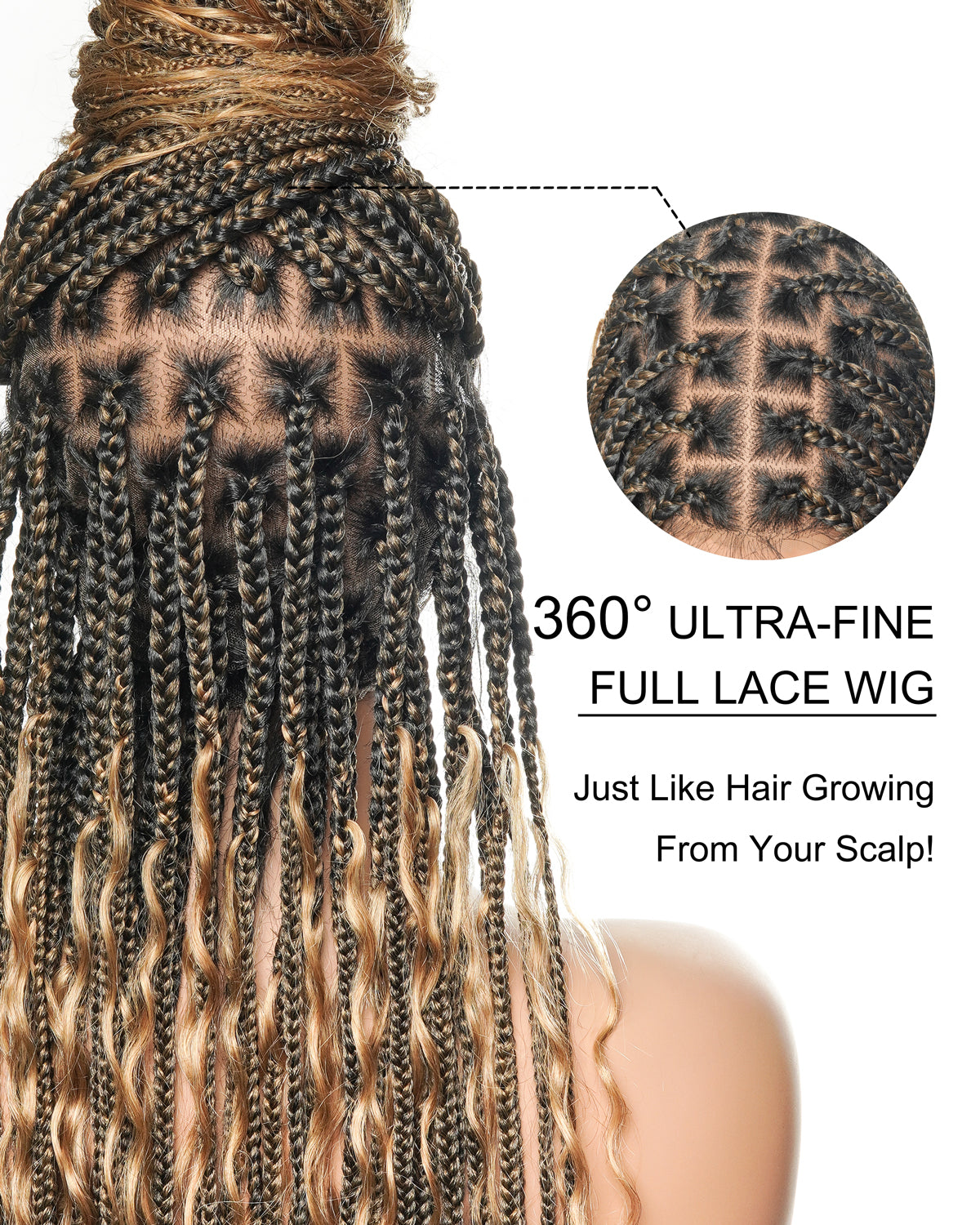 Perruque tressée boîte bohème sans nœuds, 100 % cheveux humains, boucles bohèmes, avec dentelle transparente intégrale et nouée à la main