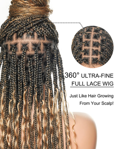 Perruque tressée boîte bohème sans nœuds, 100 % cheveux humains, boucles bohèmes, avec dentelle transparente intégrale et nouée à la main