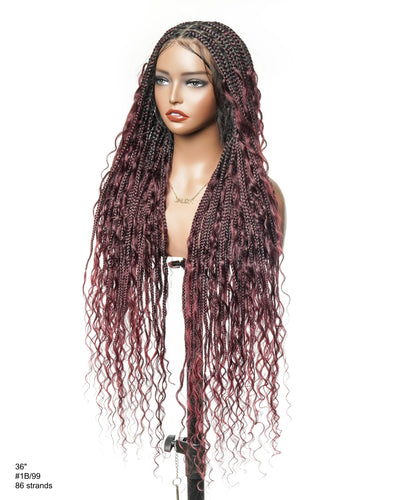 Perruque tressée boîte bohème sans nœuds, 100 % cheveux humains, boucles bohèmes, avec dentelle transparente intégrale et nouée à la main
