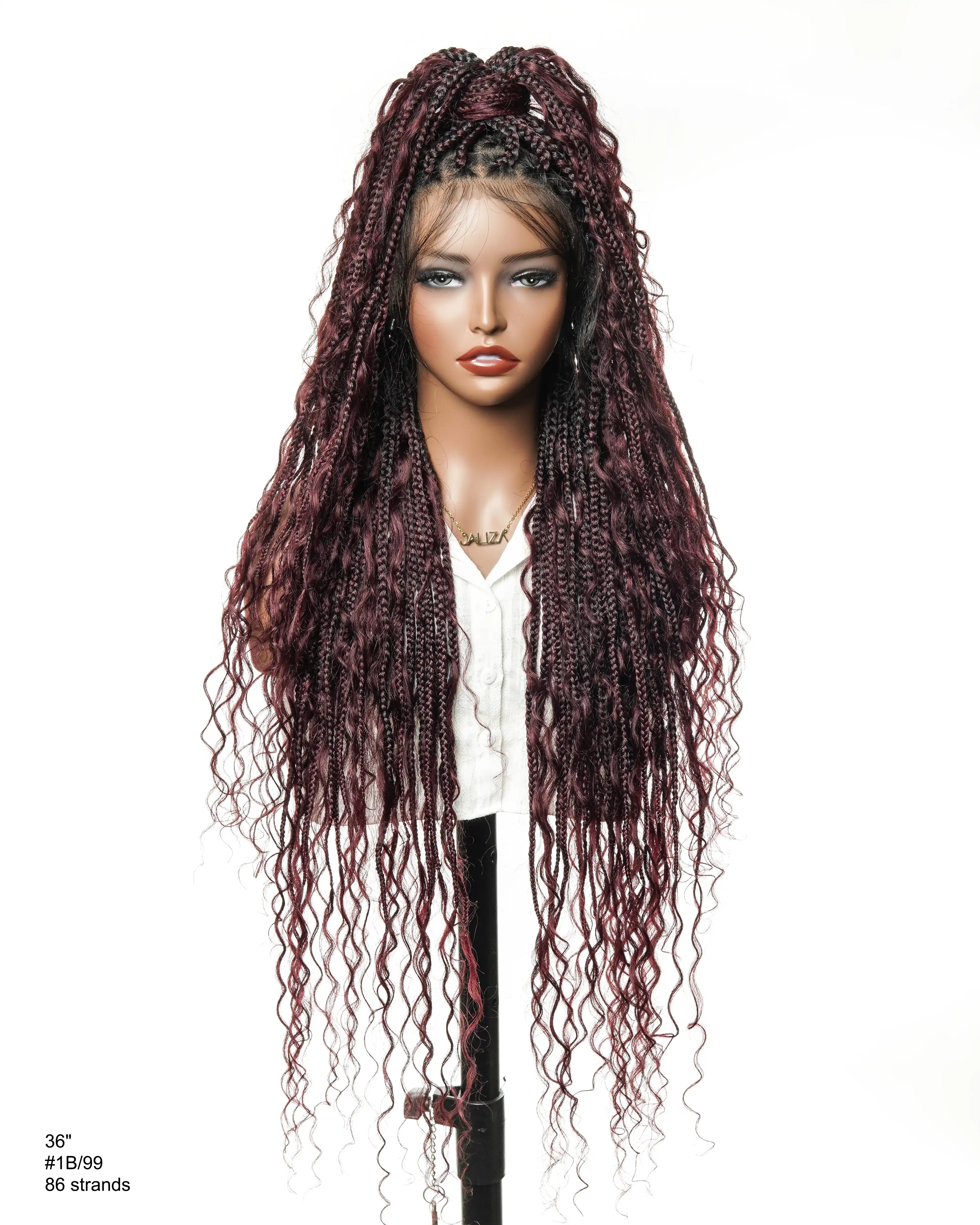 Perruque tressée boîte bohème sans nœuds, 100 % cheveux humains, boucles bohèmes, avec dentelle transparente intégrale et nouée à la main