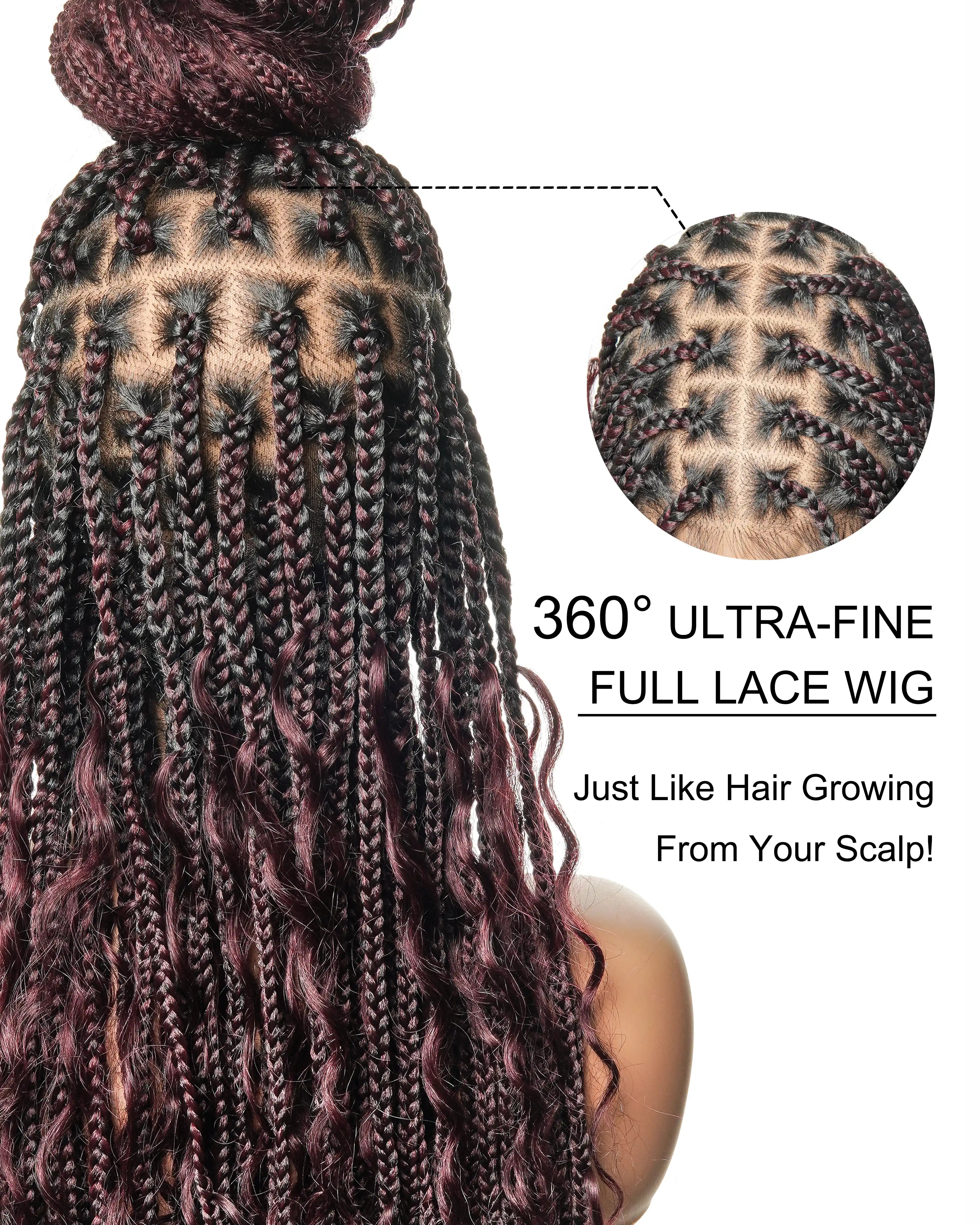 Perruque tressée boîte bohème sans nœuds, 100 % cheveux humains, boucles bohèmes, avec dentelle transparente intégrale et nouée à la main
