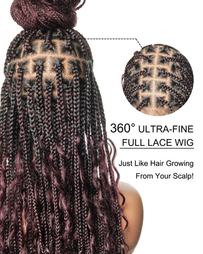 Perruque tressée boîte bohème sans nœuds, 100 % cheveux humains, boucles bohèmes, avec dentelle transparente intégrale et nouée à la main