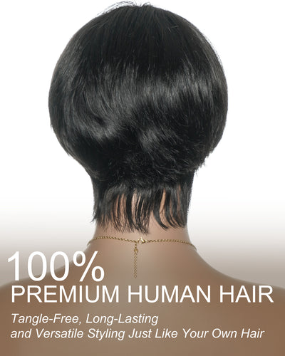 Perruque courte 100 % cheveux naturels sans colle coupe pixie ultra confortable pour cuirs chevelus sensibles