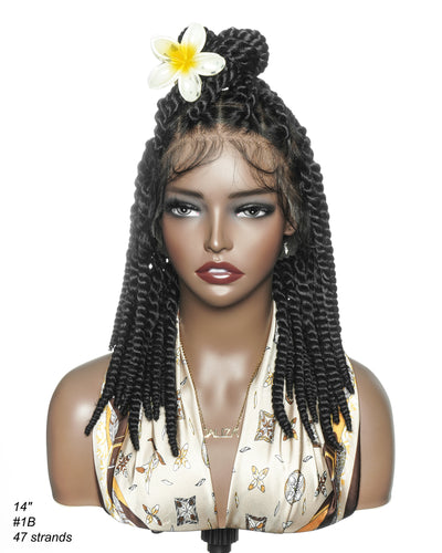 Perruque tressée de 14 pouces, jumbo twist souple pré-décoloré, base en dentelle, HD entièrement en dentelle, cheveux humains
