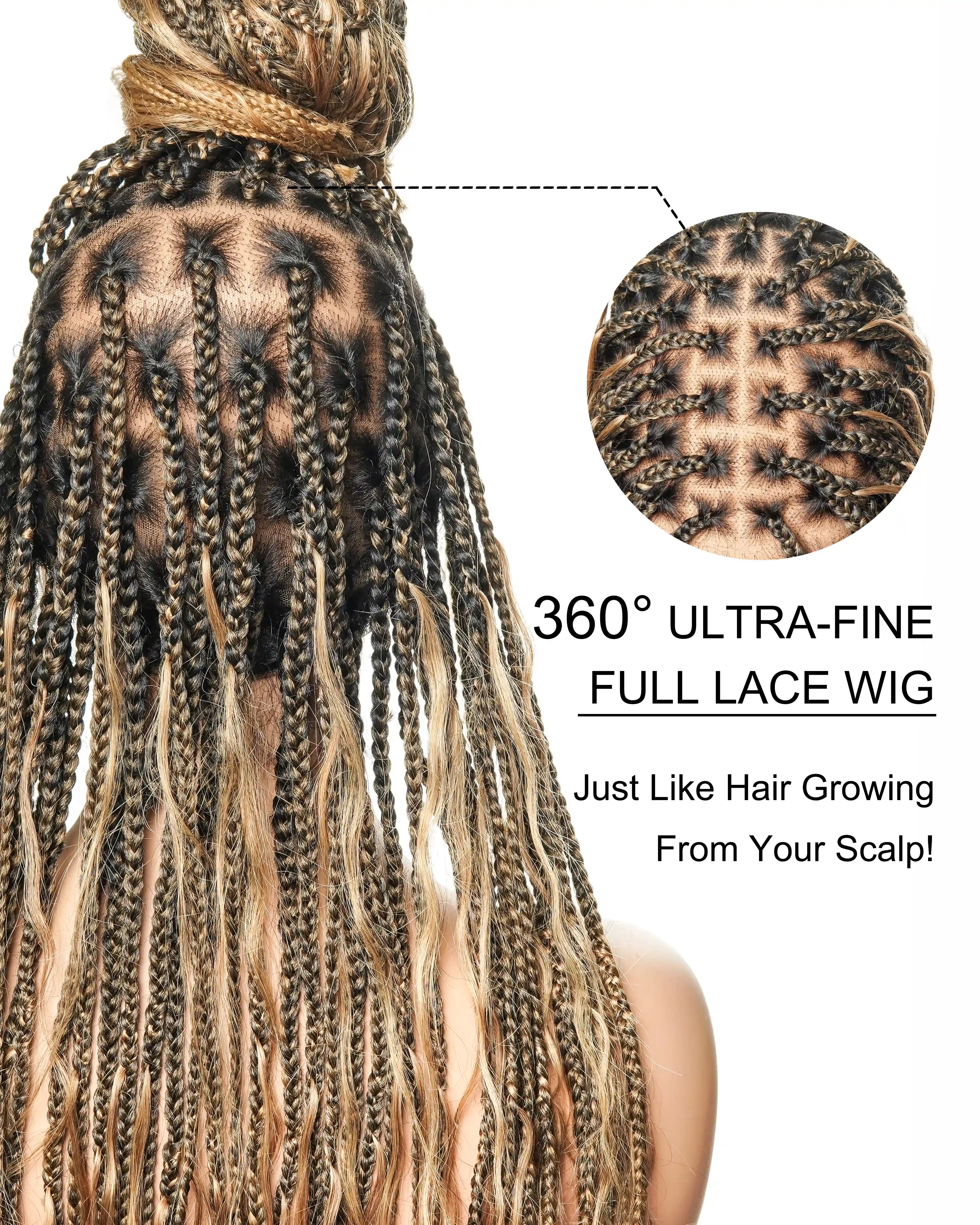 Perruque tressée de type "Boho Box Braided" avec 88 mèches nouées en dentelle, cheveux humains décolorés à l'avance de 24 pouces
