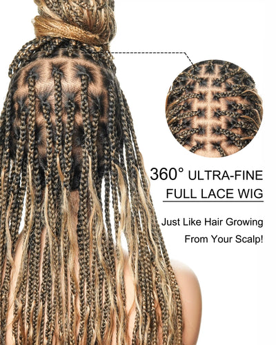 Perruque tressée de type "Boho Box Braided" avec 88 mèches nouées en dentelle, cheveux humains décolorés à l'avance de 24 pouces